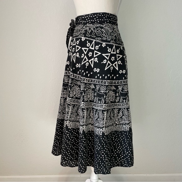 VINTAGE WOVEN COTTON PRINTED WRAP SKIRT PENTAGRAM PEACOCK PAISLEY DEER FLORAL - Picture 5 of 13